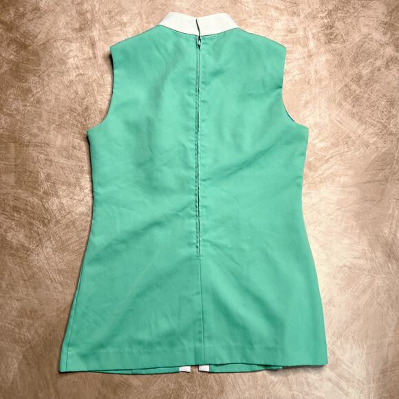 Vintage 60s Koret of California Sleeveless Button Mod Blouse High Neck Gogo Teal - Picture 2 of 7